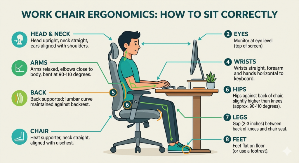 Ergonomic desk setup with monitor, keyboard, and chair alignment