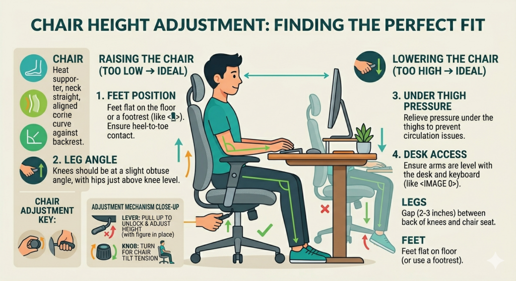 Desk ergonomics checklist showing proper screen and keyboard positioning