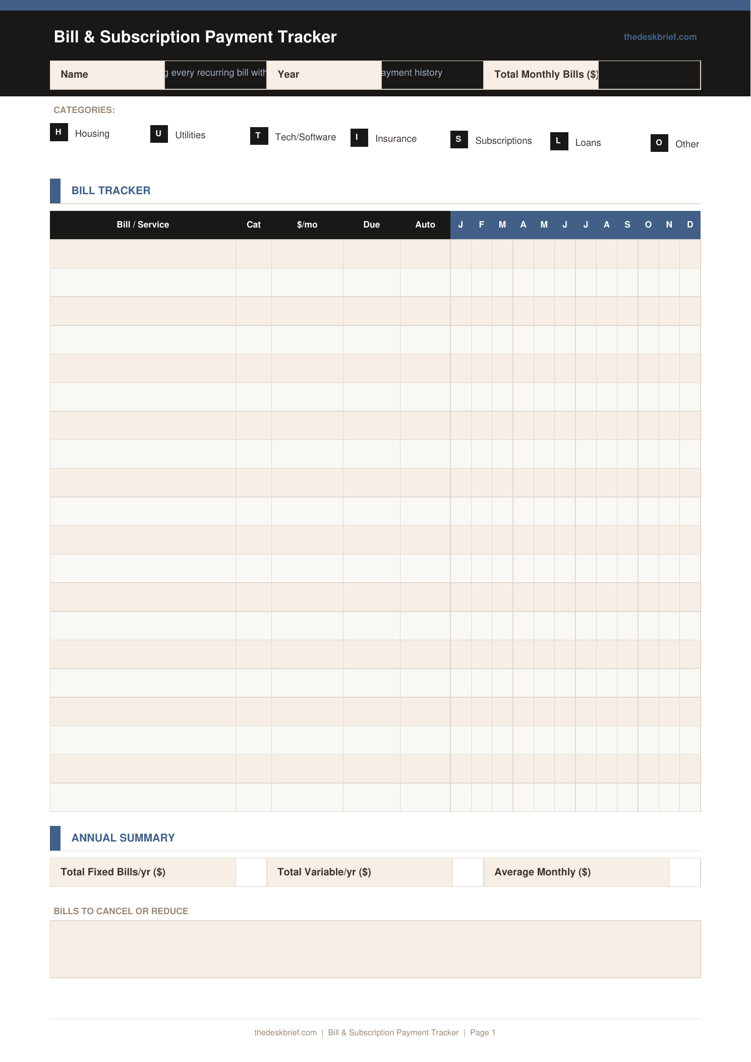 Free Bill & Subscription Tracker