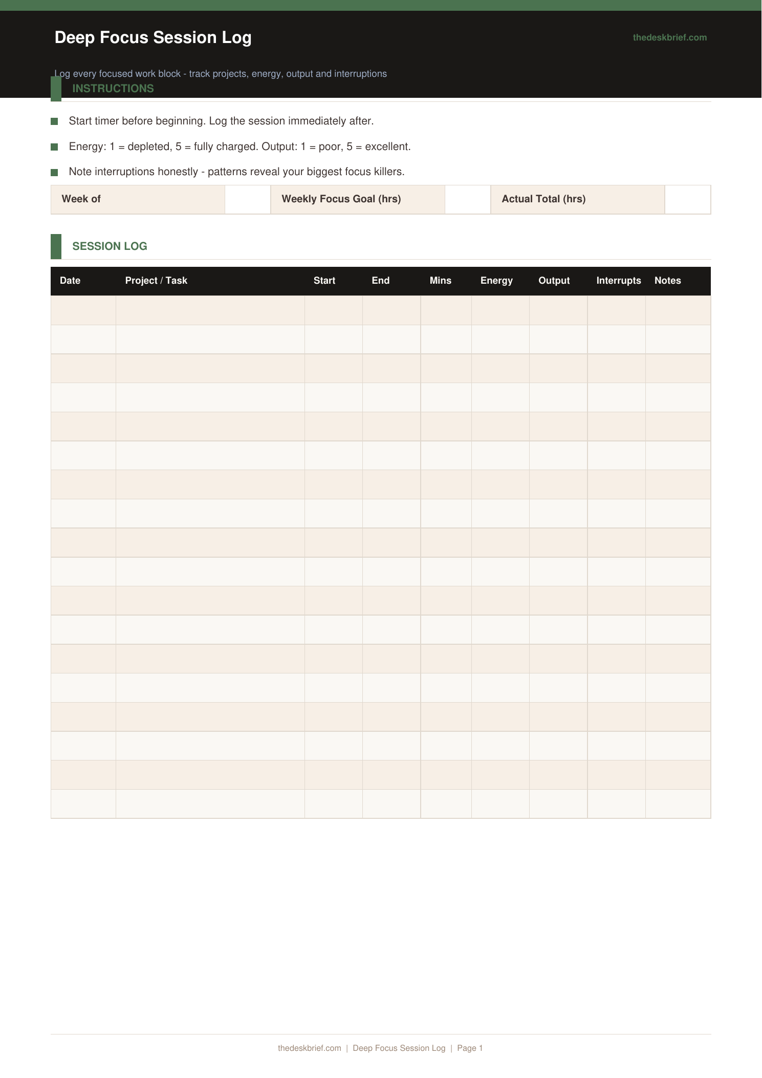 Free Deep Focus Session Log