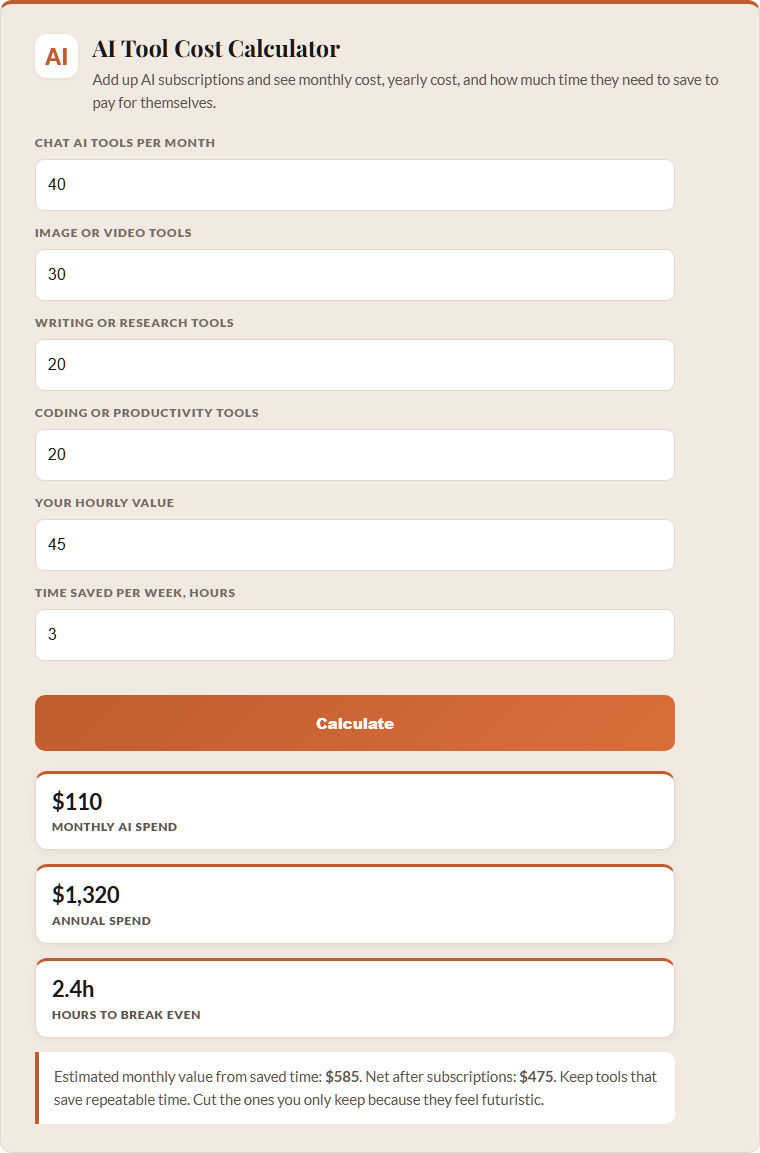 AI tool cost calculator screenshot