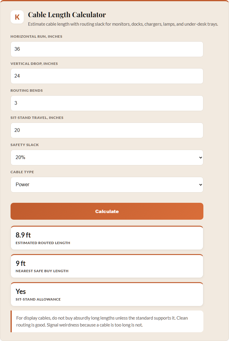 cable length calculator screenshot