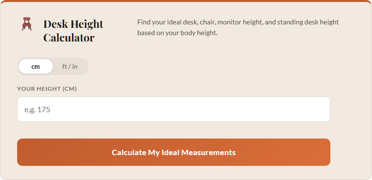 Desk height calculator showing ideal desk and chair height based on your height