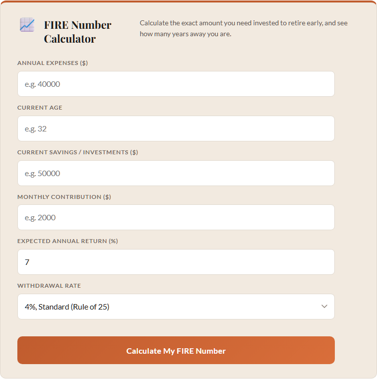 FIRE number calculator showing how much you need saved to retire early