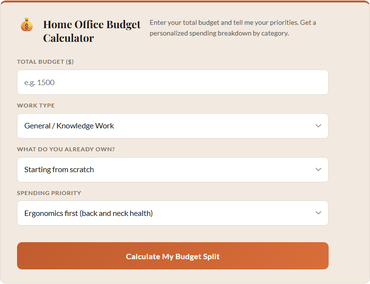 Home office budget calculator breaking down setup costs by component category