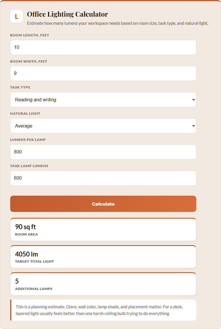 home office lighting calculator screenshot