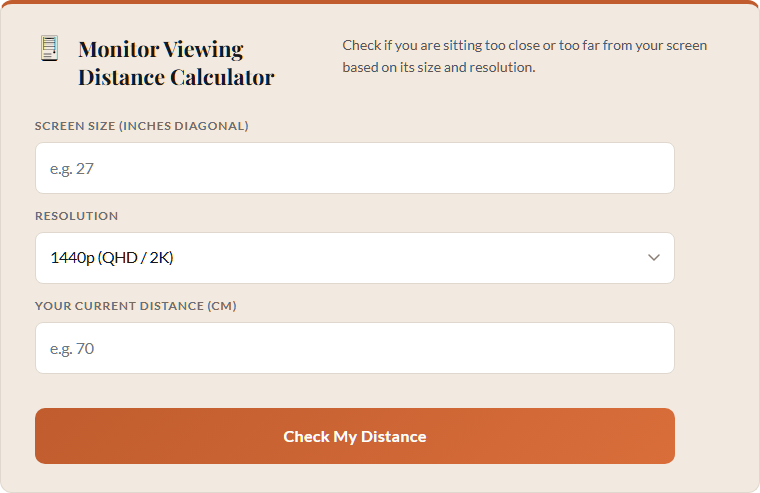 Monitor viewing distance calculator with recommended screen distance for your display size