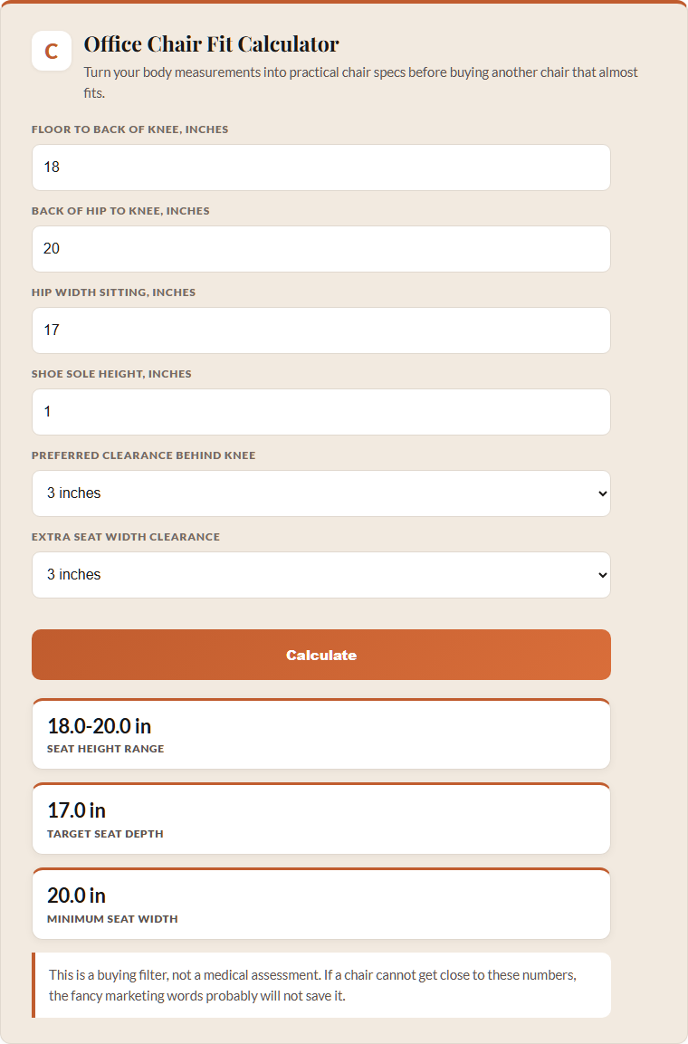 office chair fit calculator screenshot