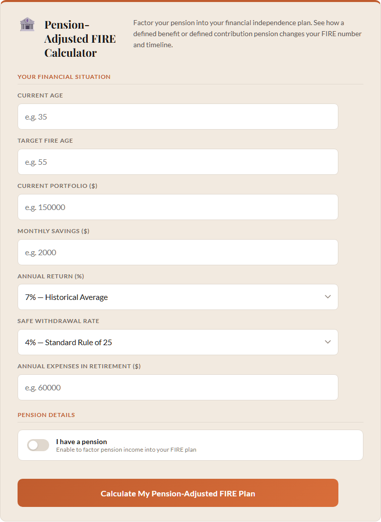 Pension-adjusted FIRE calculator with defined benefit pension and bridge period inputs