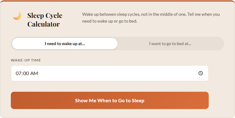 Sleep cycle calculator showing optimal bedtime and wake-up times