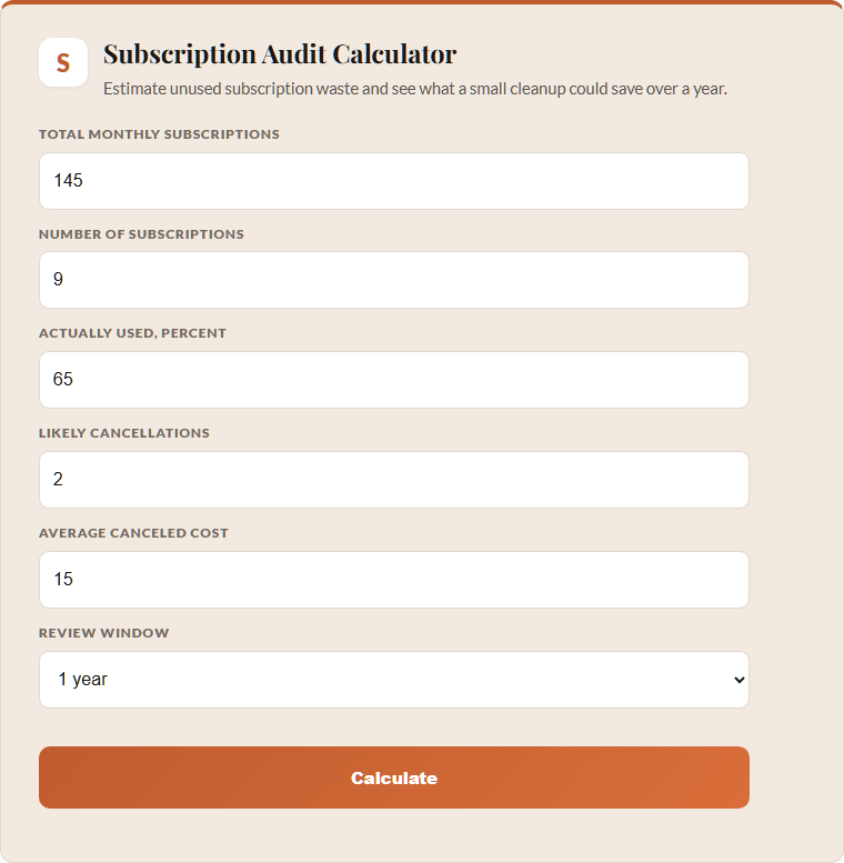 subscription audit calculator screenshot