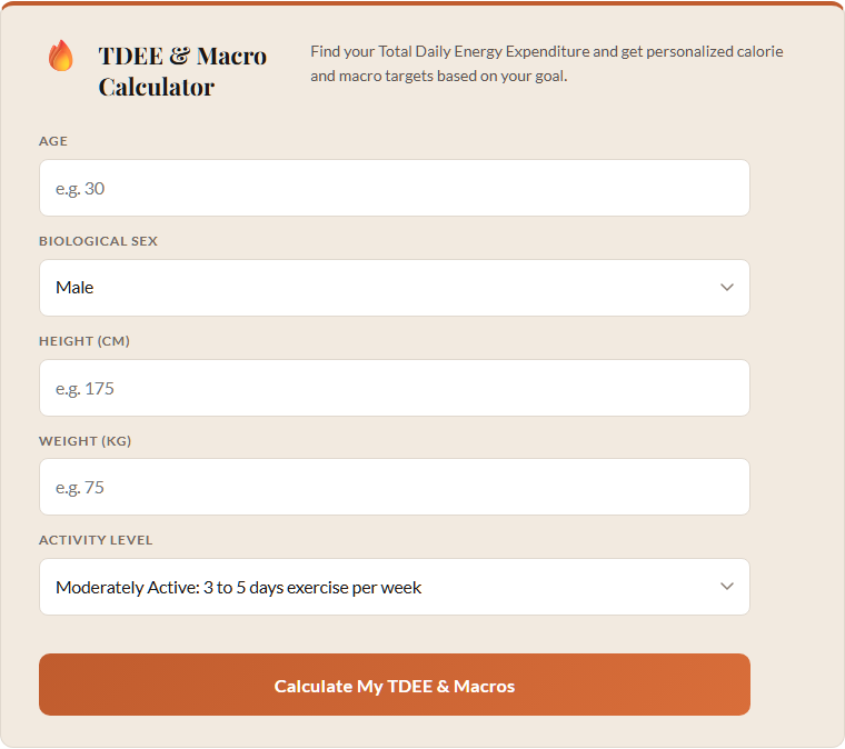 TDEE calculator showing total daily energy expenditure for a desk worker