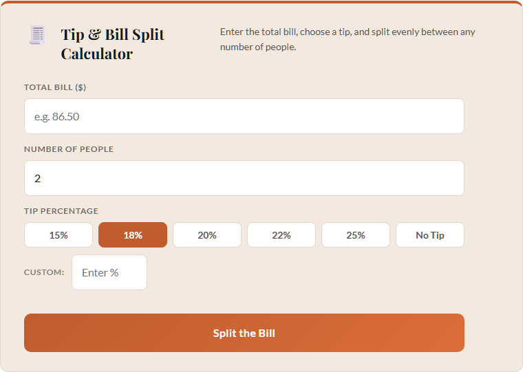 Tip calculator with bill split and tip percentage breakdown