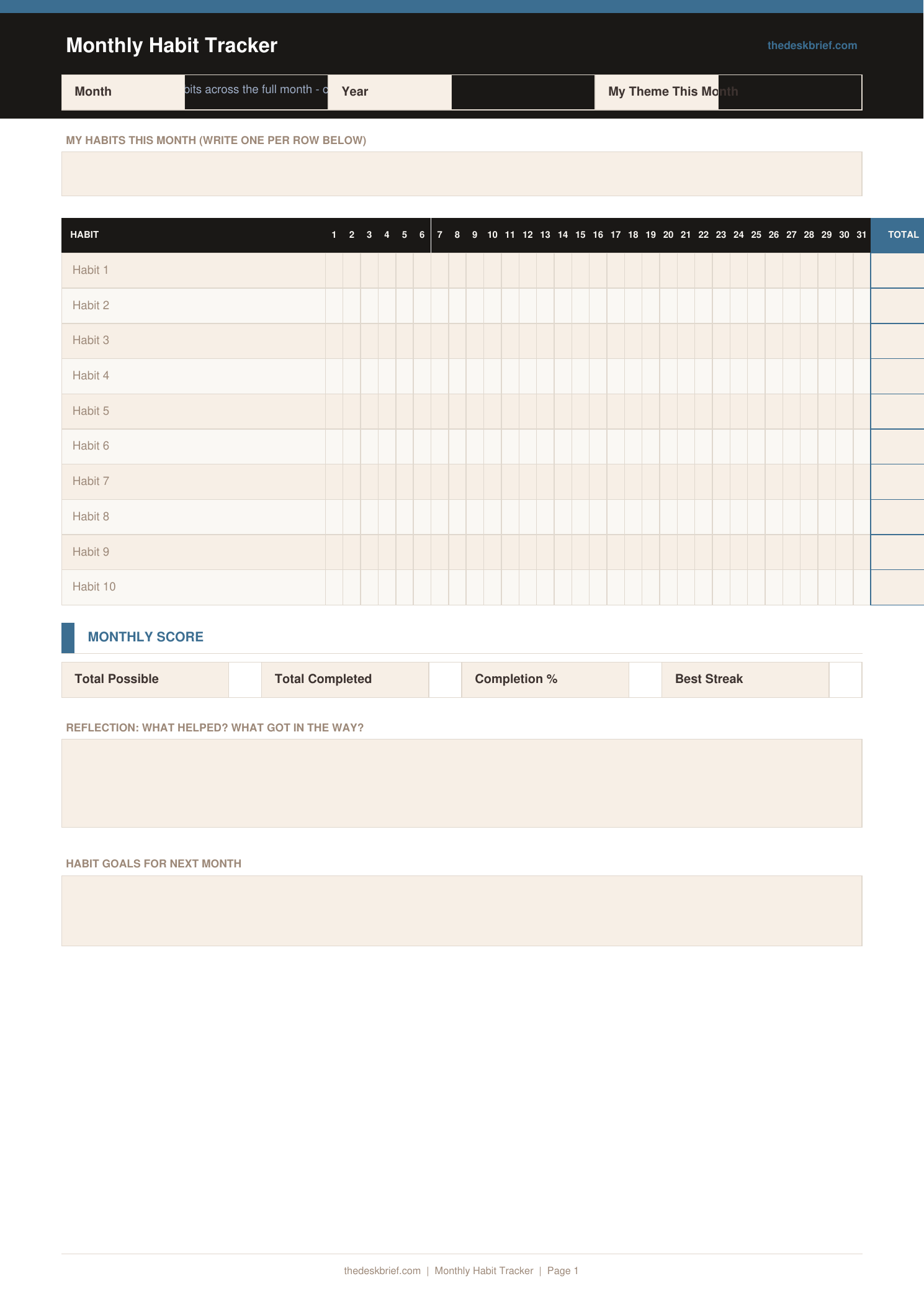Free Monthly Habit Tracker