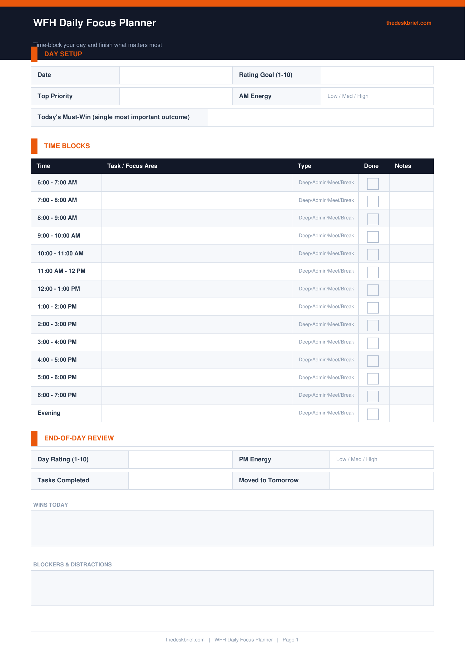 Free WFH Daily Focus Planner