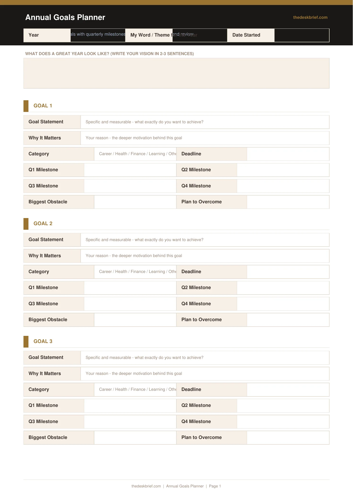 Annual Goals Planner — printable template preview