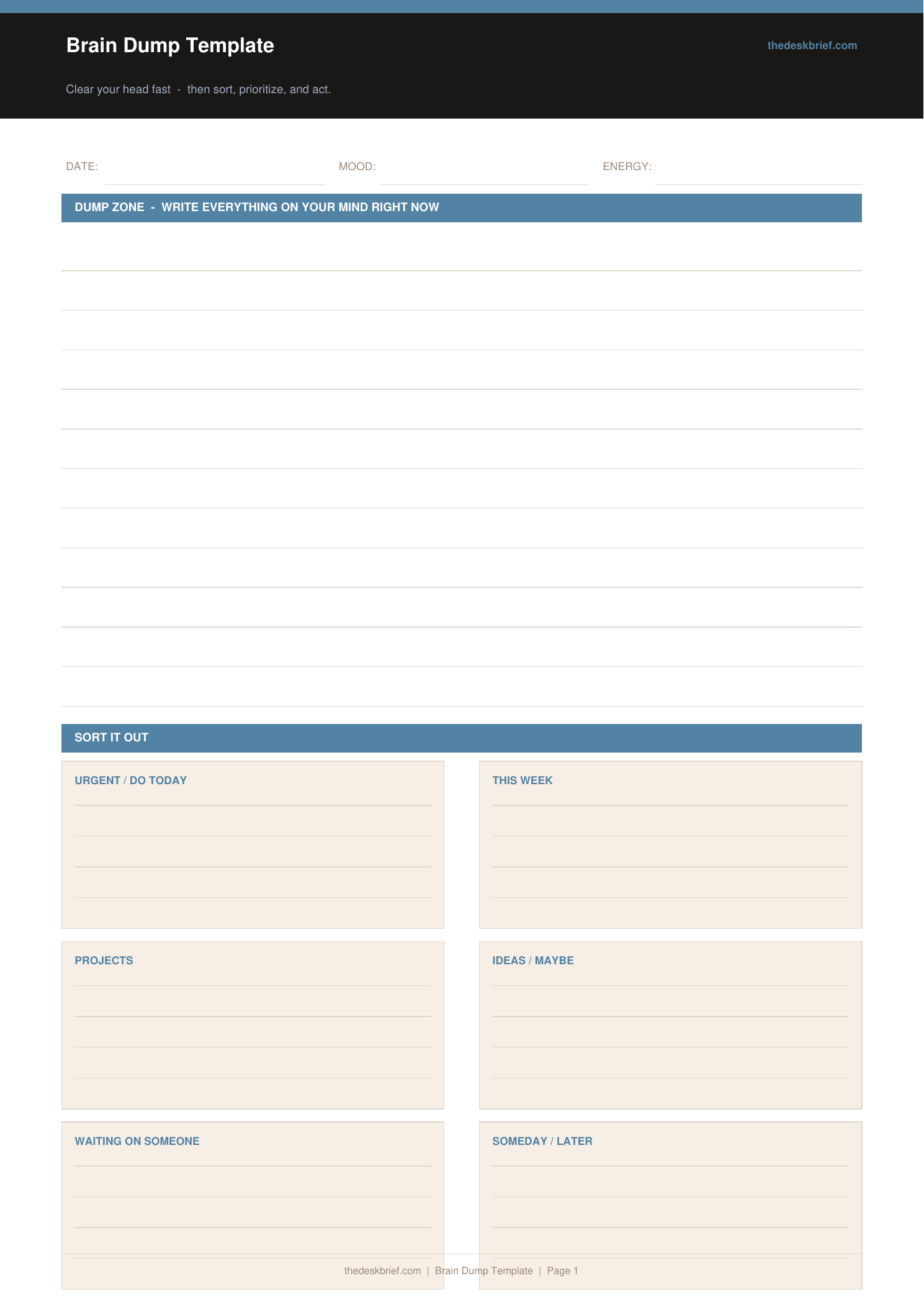 Free Brain Dump Template (Printable PDF)