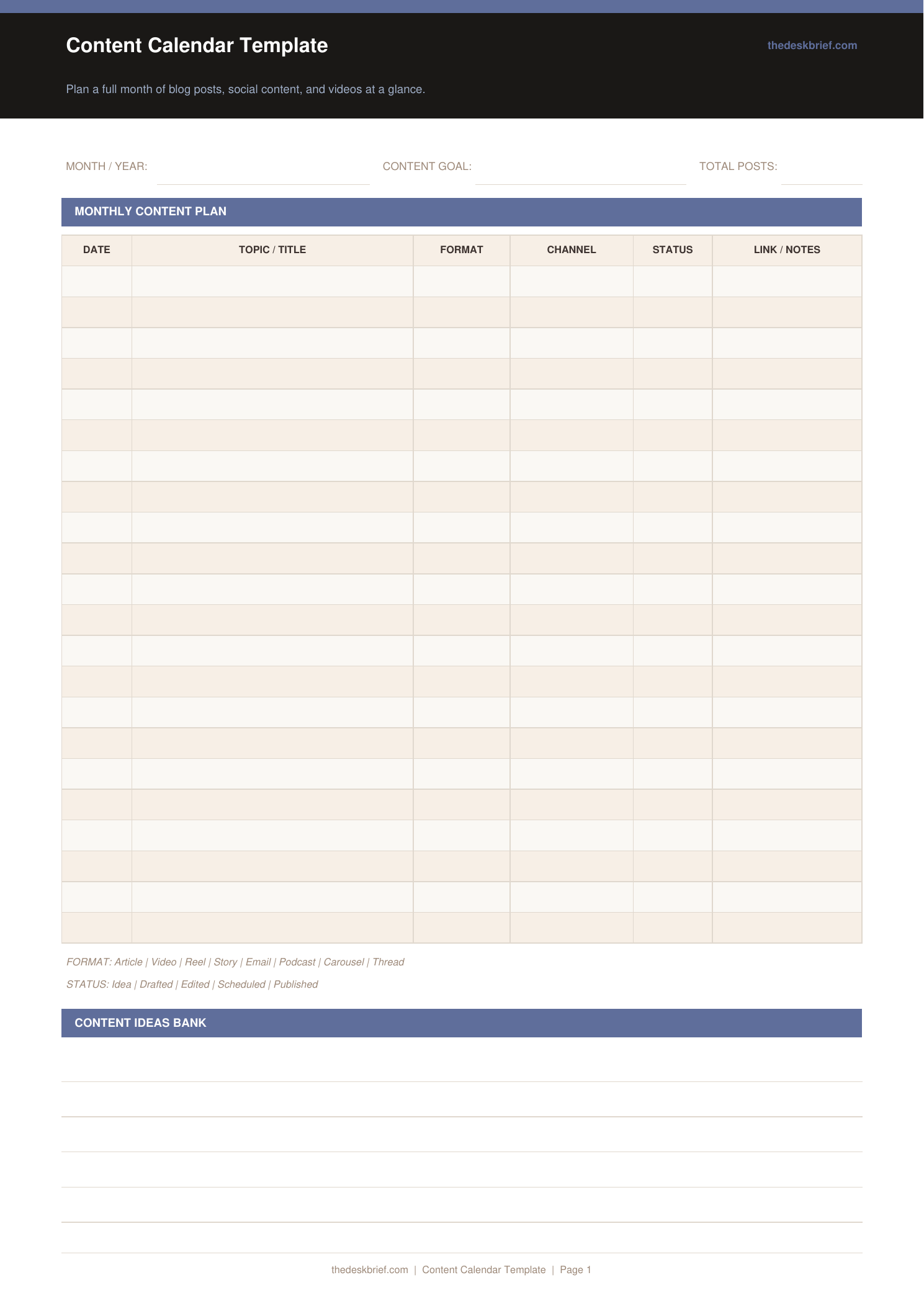 Free Content Calendar Template (Printable PDF)