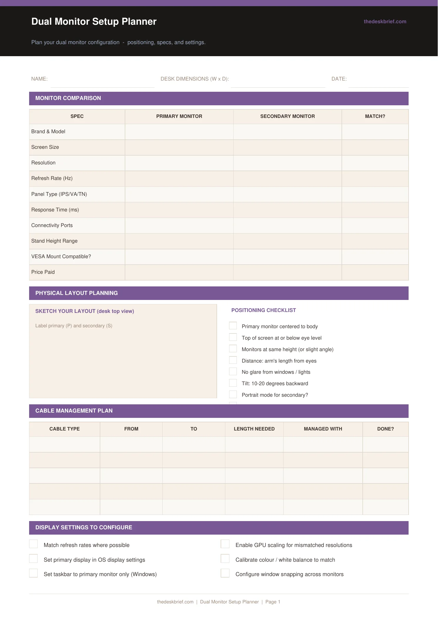 Free Dual Monitor Setup Planner (Printable PDF)