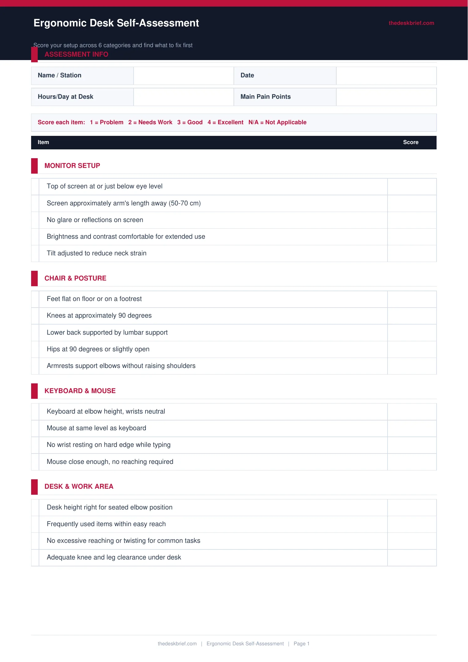 Ergonomic Desk Self-Assessment — printable template preview