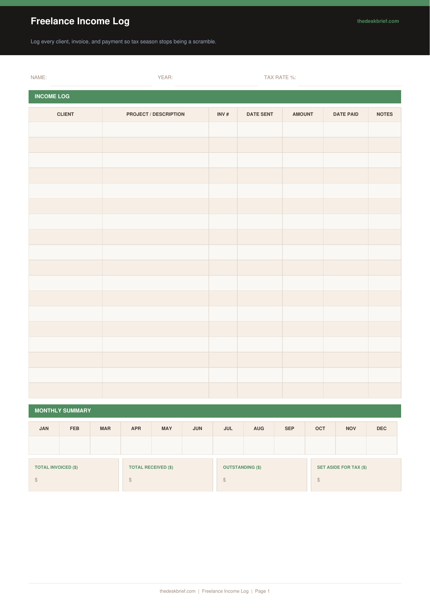 Free Freelance Income Log (Printable PDF)