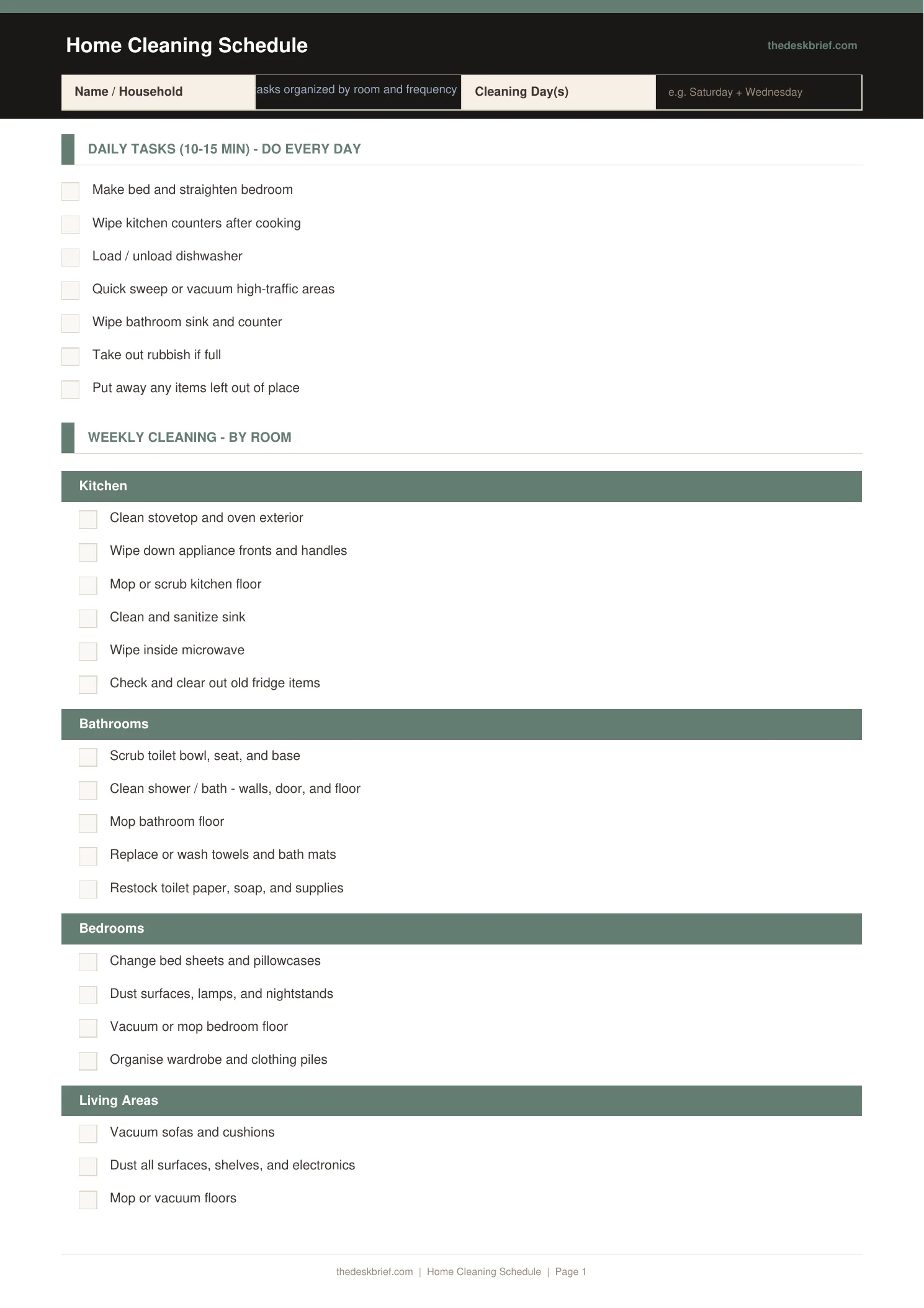 Home Cleaning Schedule — printable template preview