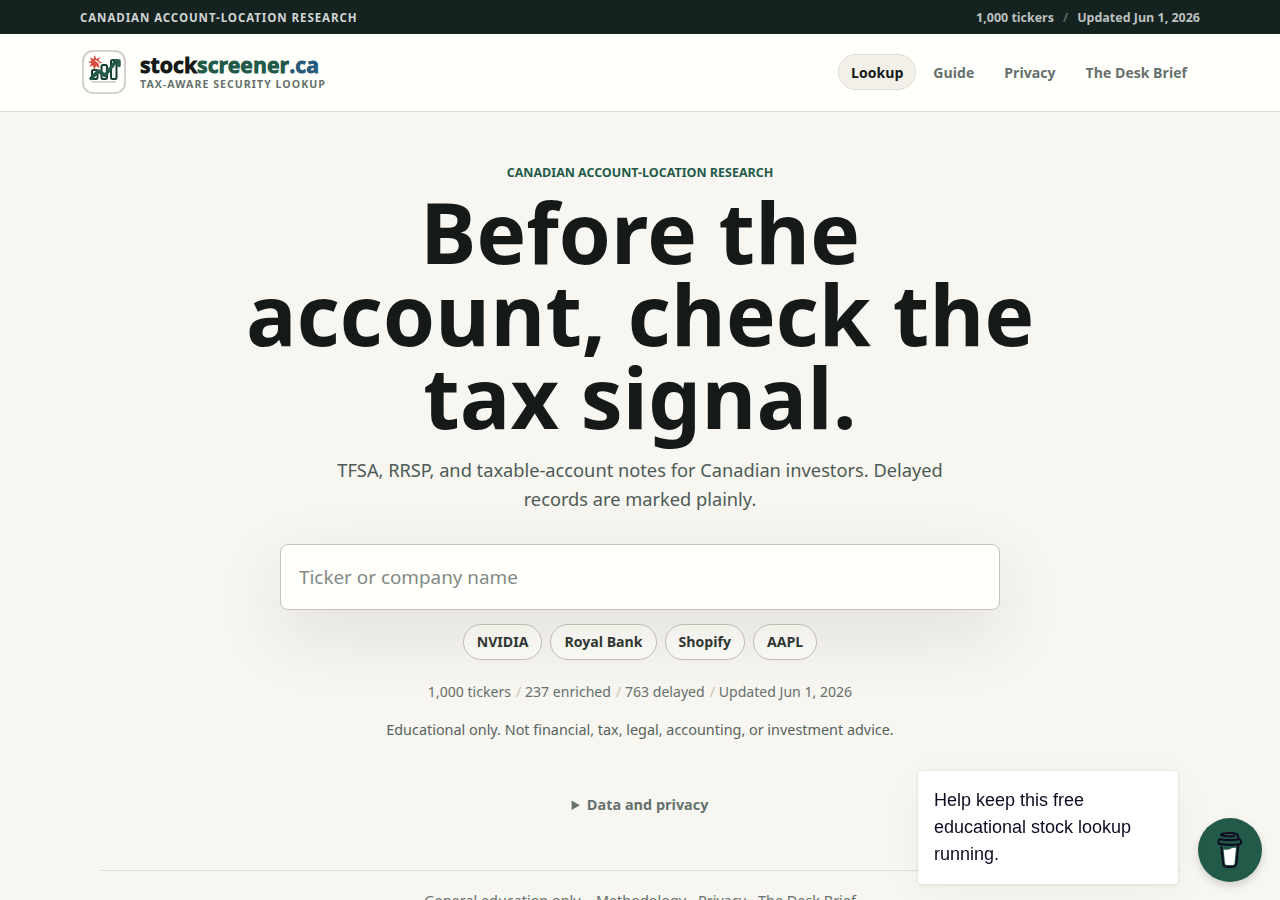 stockscreener.ca Canadian stock account-location lookup homepage