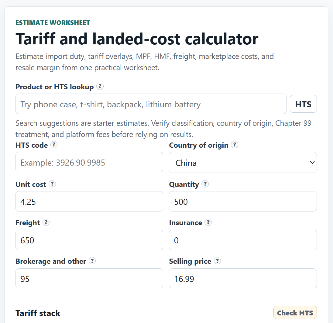 Import Math landed cost calculator input form showing HTS code, unit cost, freight, and tariff fields