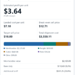 Import Math landed cost calculator results — $3.64 profit per unit, 21.4% margin, landed cost $7.10, break-even $12.71