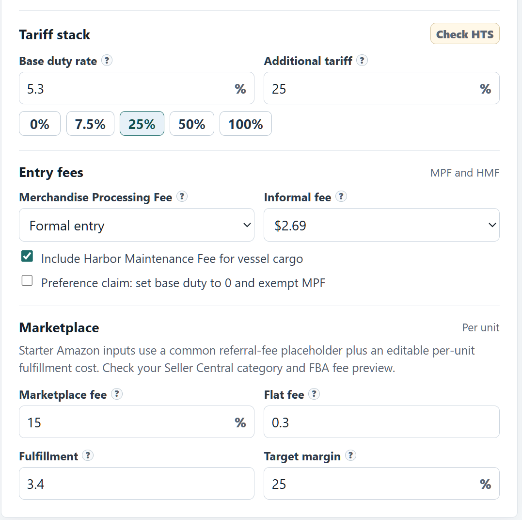 Import Math tariff stack section showing base duty rate 5.3%, Section 301 additional tariff 25%, MPF entry fee, and Amazon marketplace fee inputs