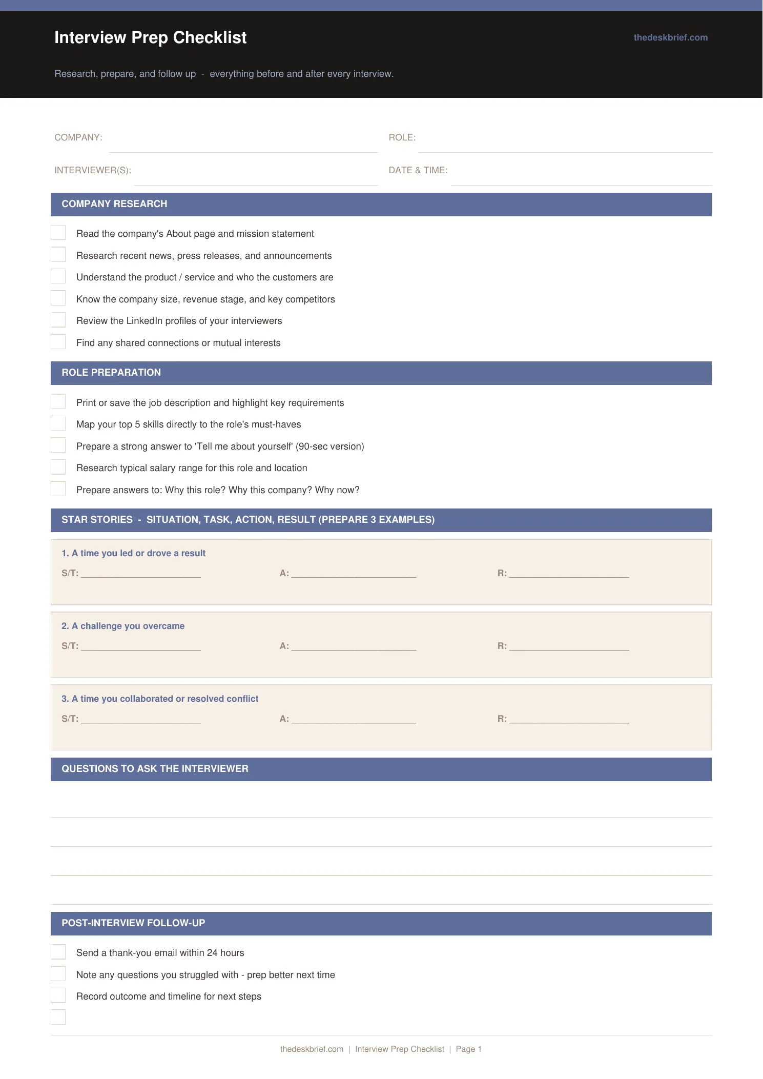 Interview Prep Checklist -- free printable template from The Desk Brief
