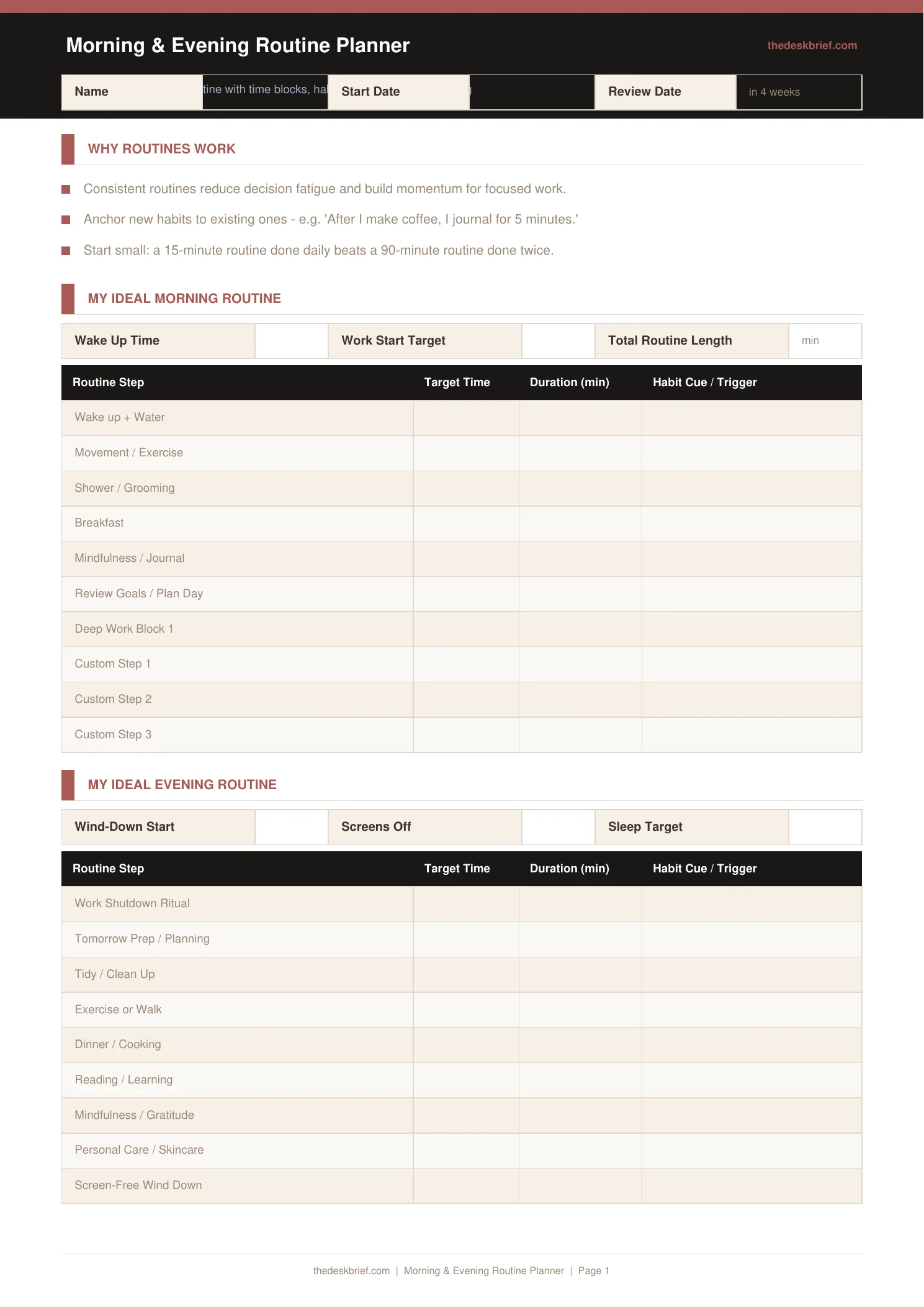Morning & Evening Routine Planner — printable template preview