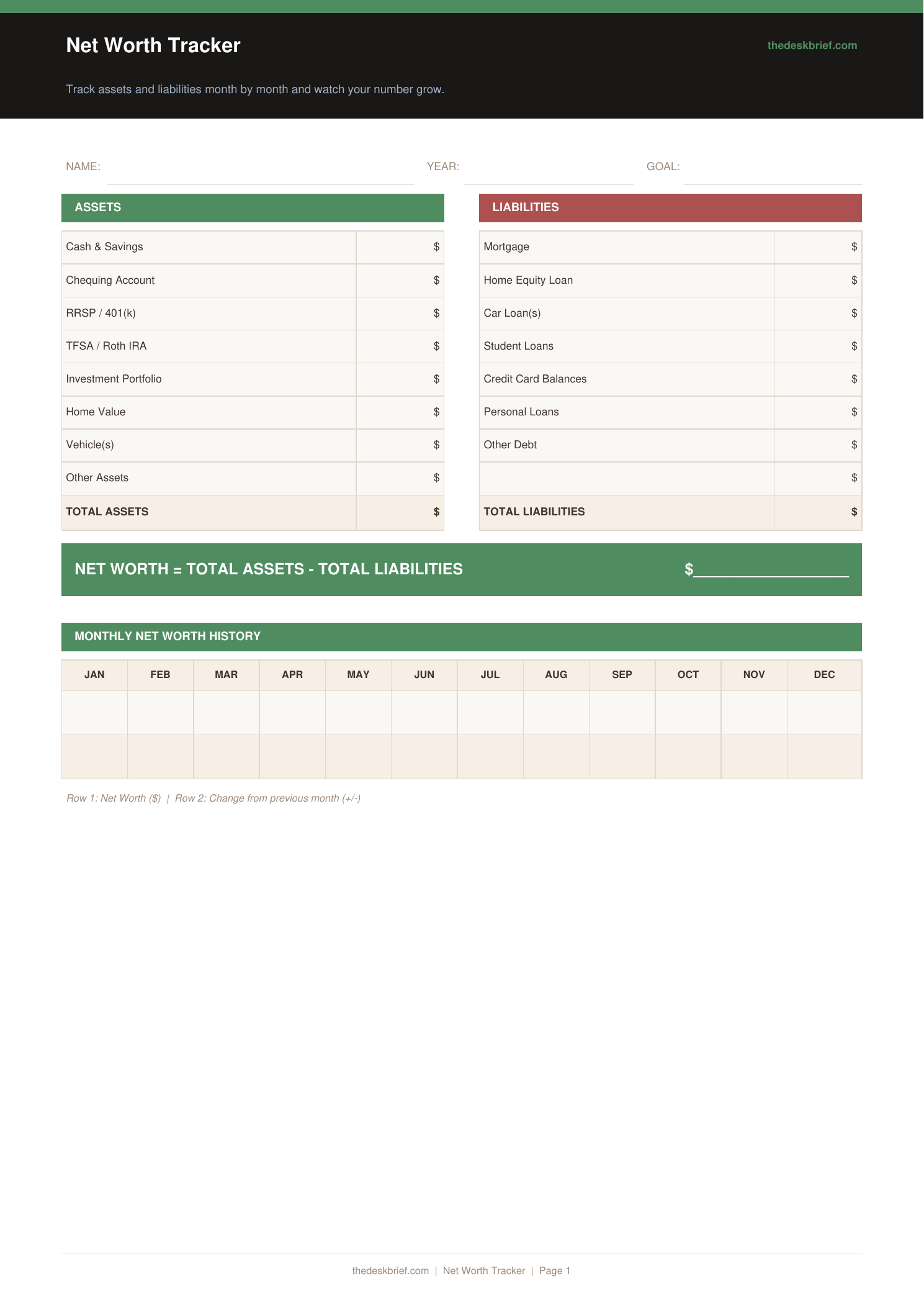 Free Net Worth Tracker (Printable PDF)