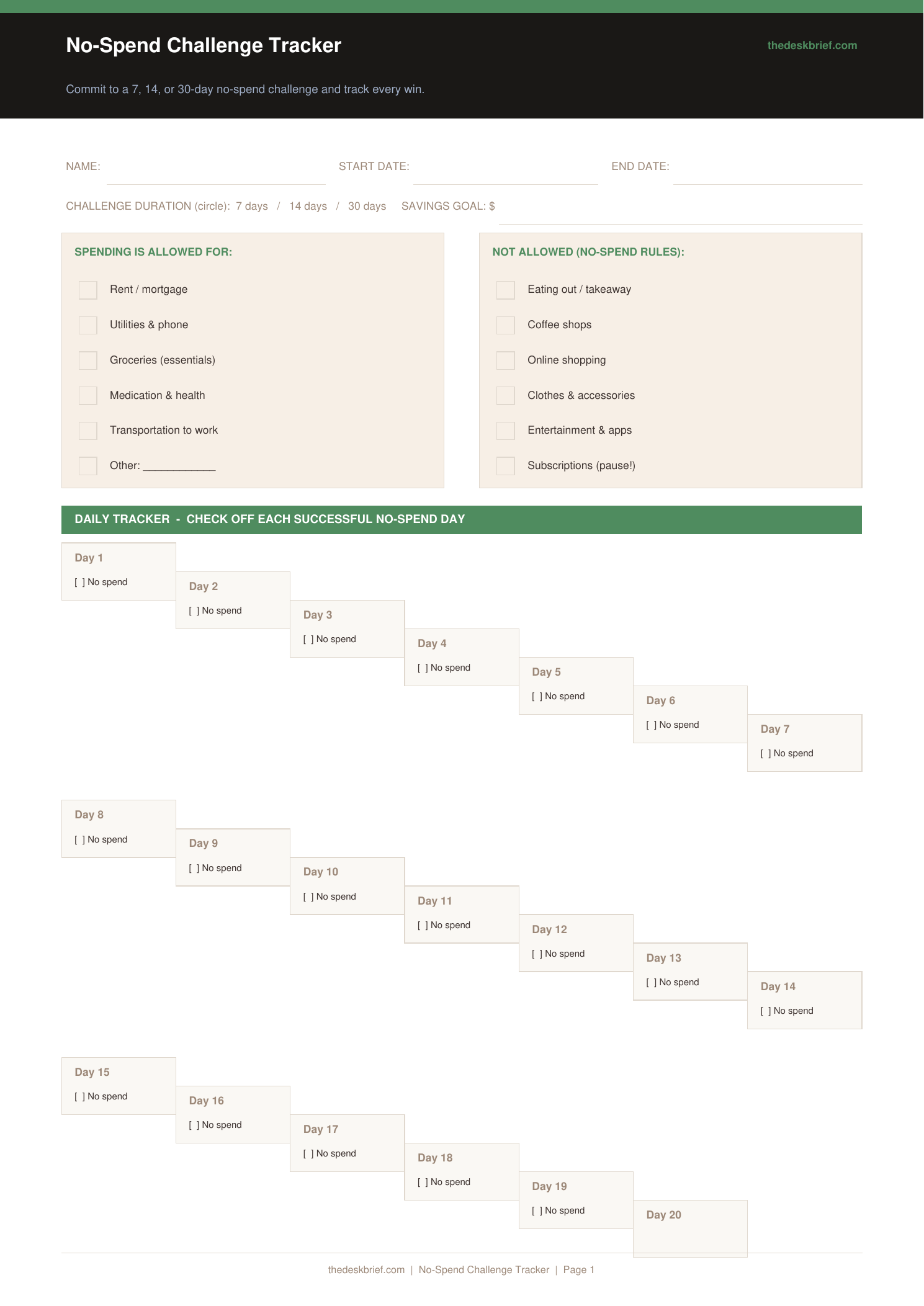 Free No-Spend Challenge Tracker (Printable PDF)