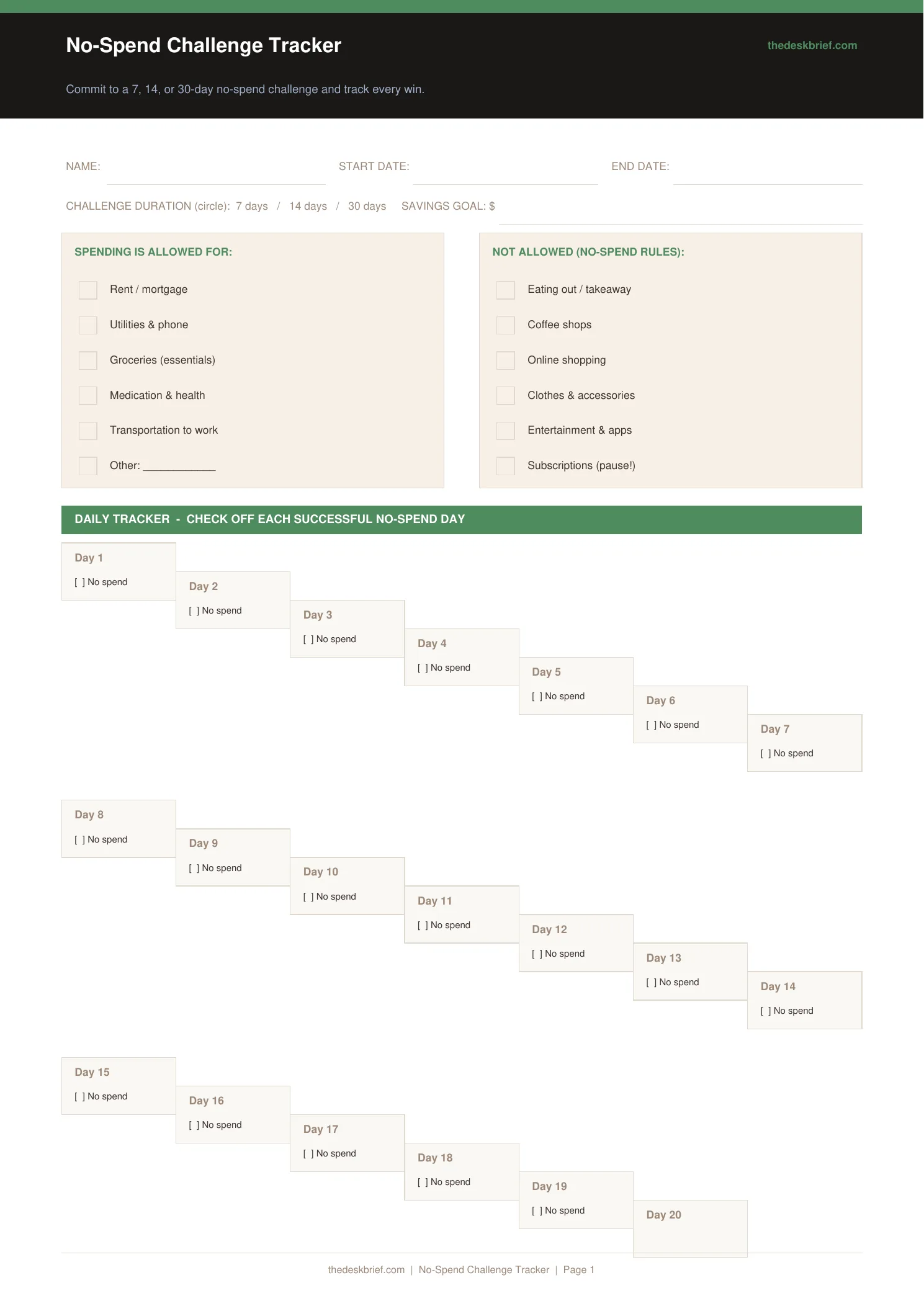 No-Spend Challenge Tracker -- free printable template from The Desk Brief