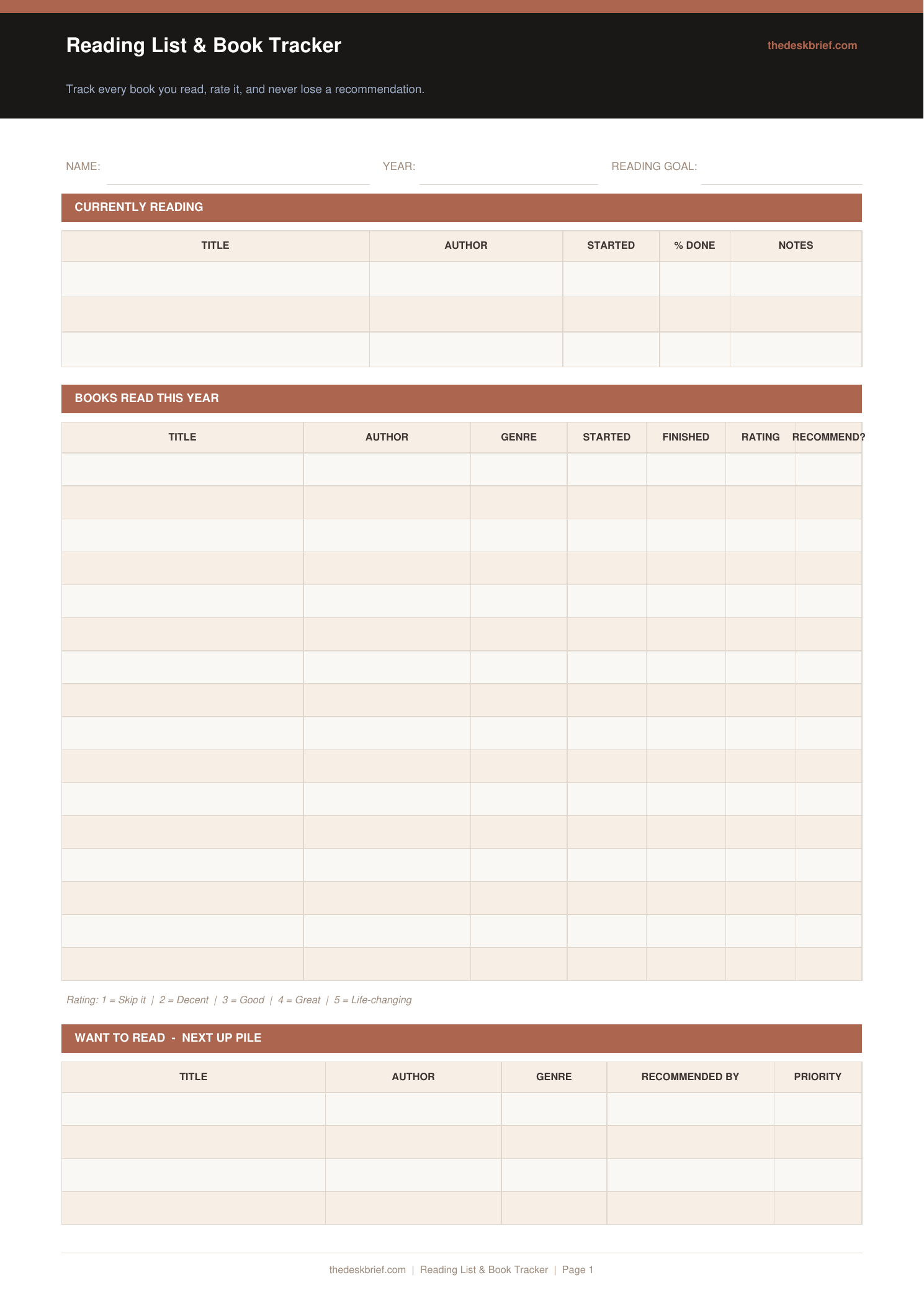 Free Reading List & Book Tracker (Printable PDF)