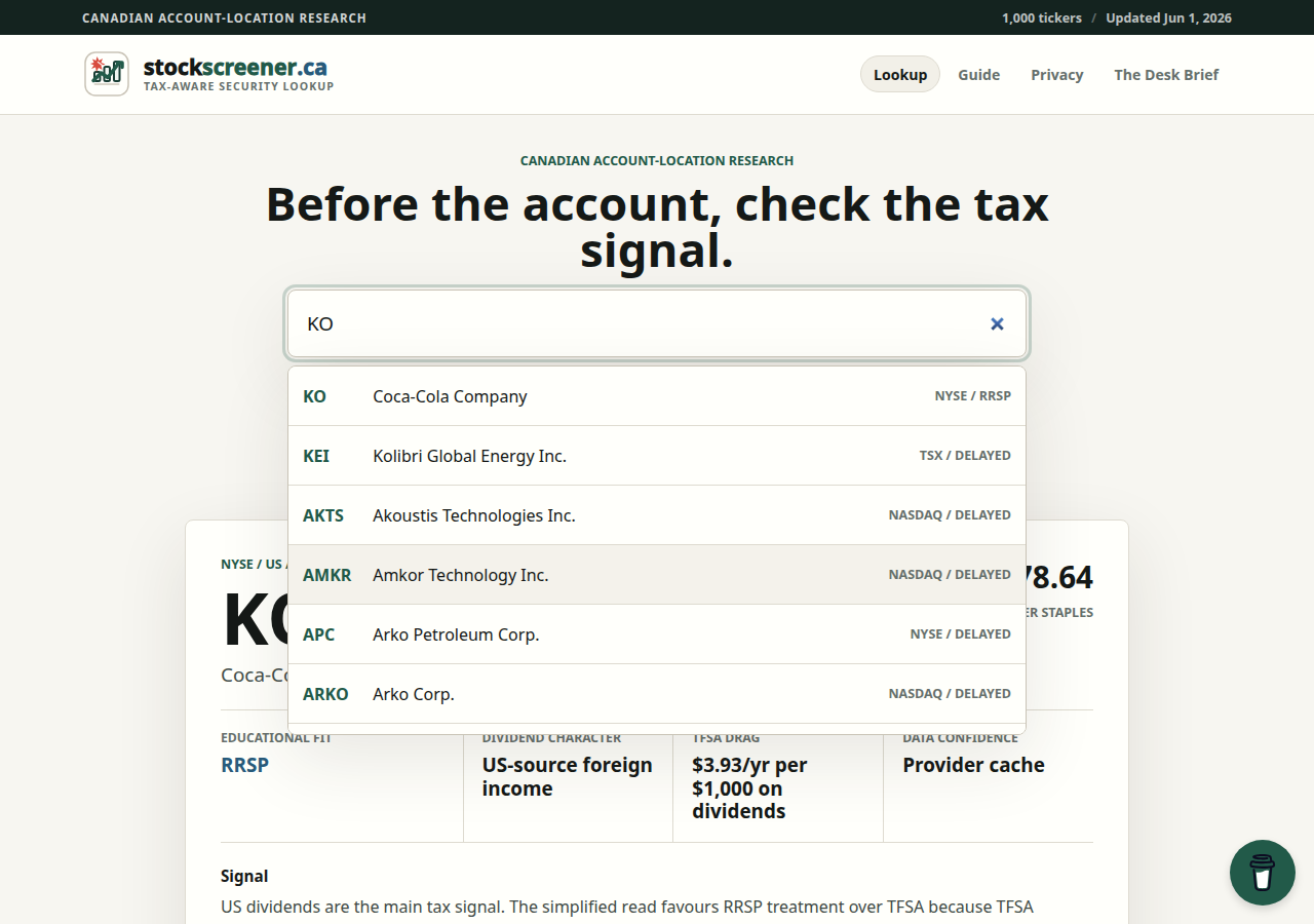 Canadian stock account location tool showing Coca-Cola KO RRSP recommendation