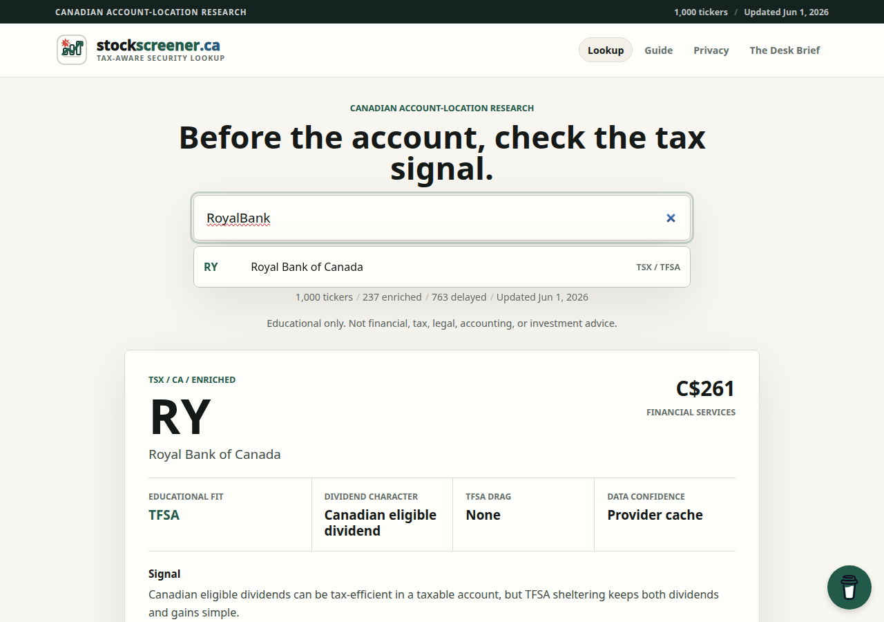 Canadian stock account location tool showing Royal Bank RY TFSA recommendation