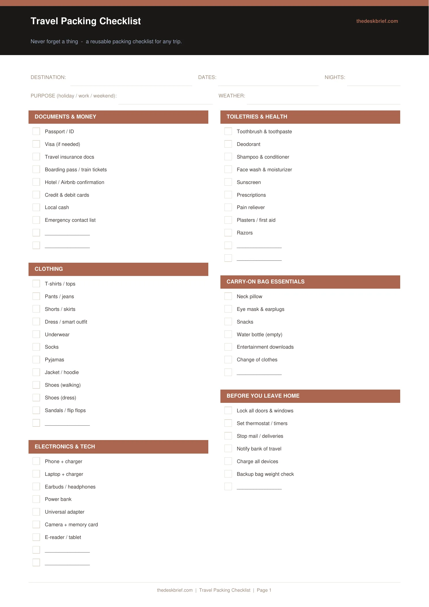Travel Packing Checklist -- free printable template from The Desk Brief
