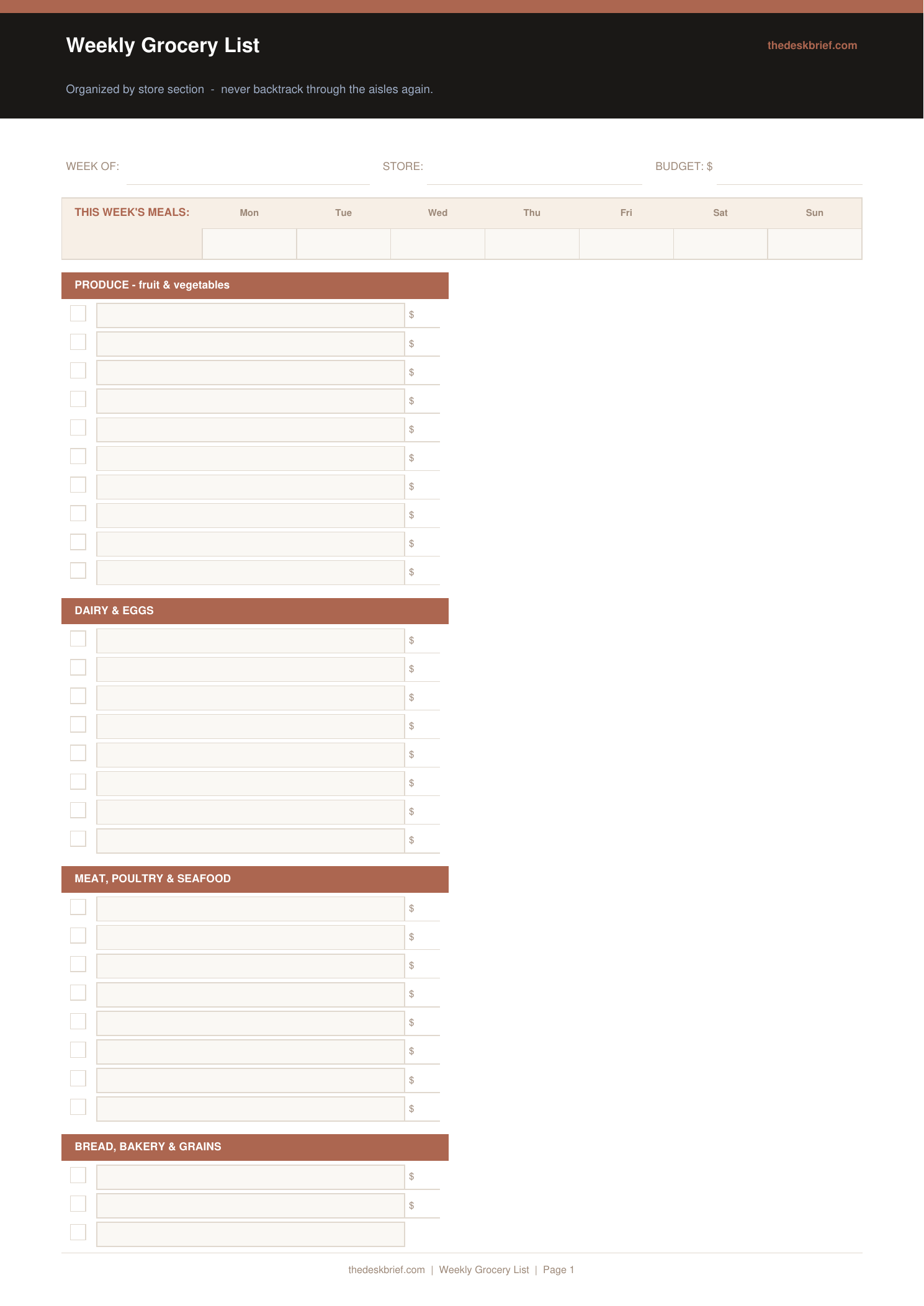 Free Weekly Grocery List Template (Printable PDF)