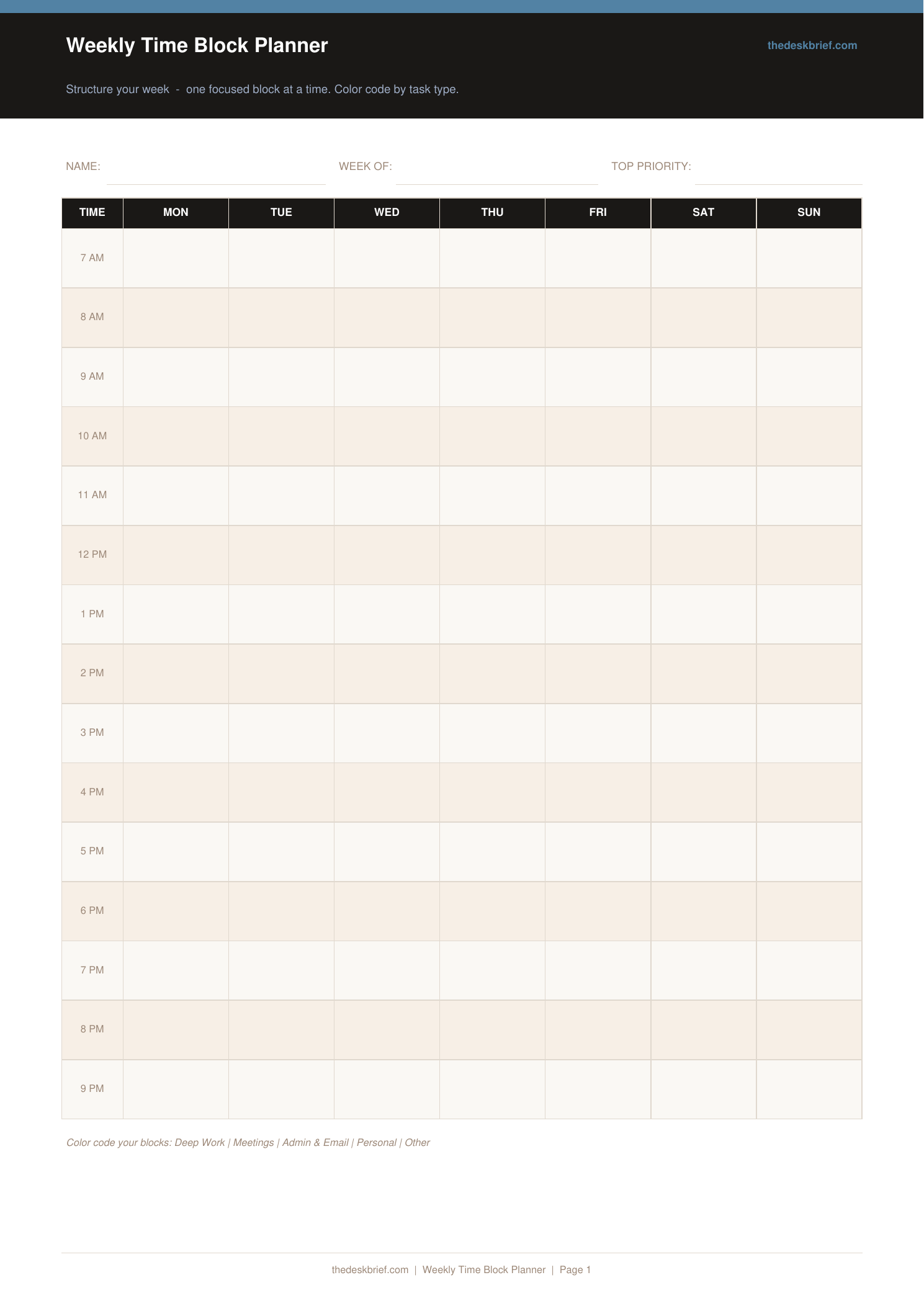 Free Weekly Time Block Planner (Printable PDF)