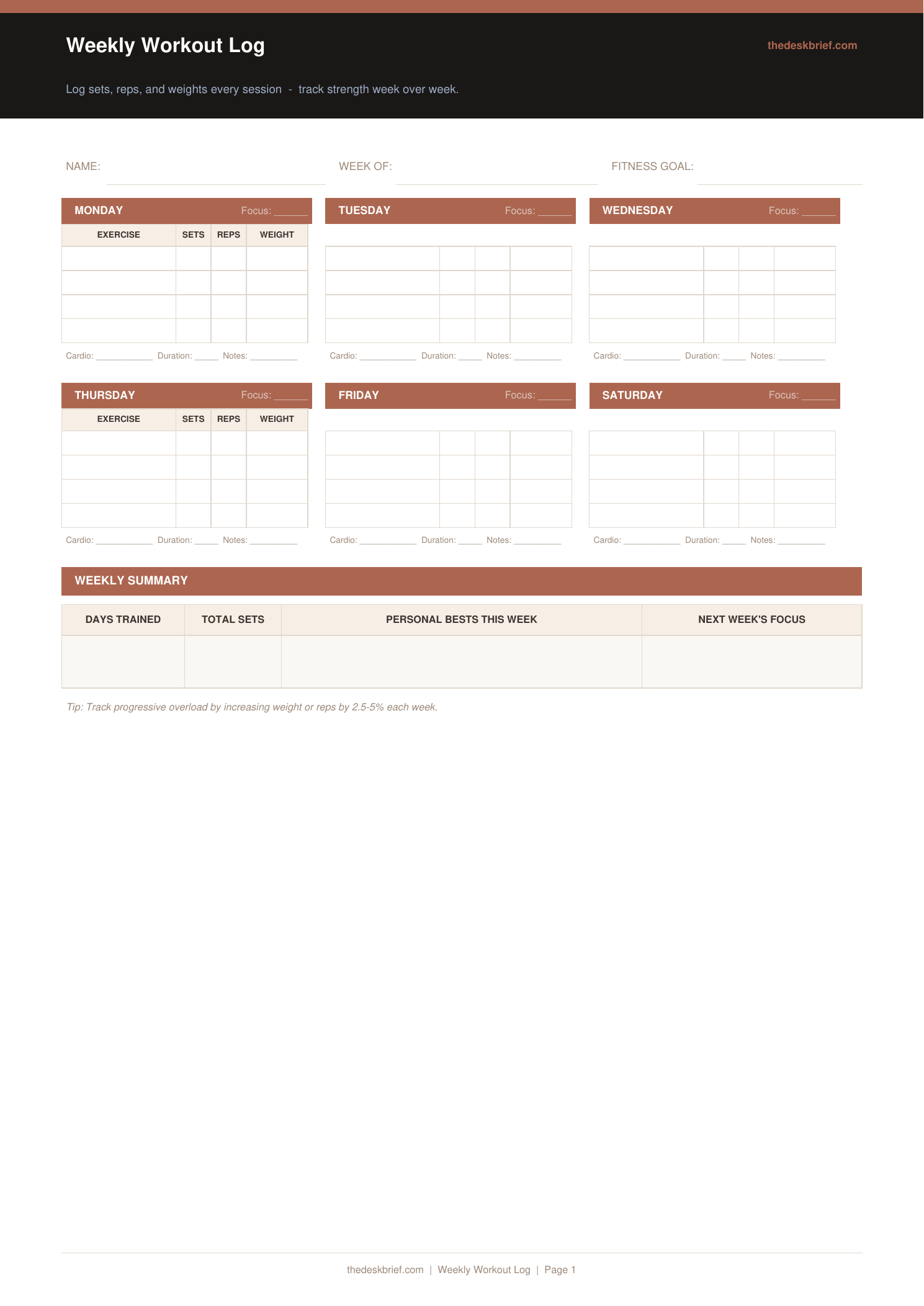 Free Weekly Workout Log (Printable PDF)