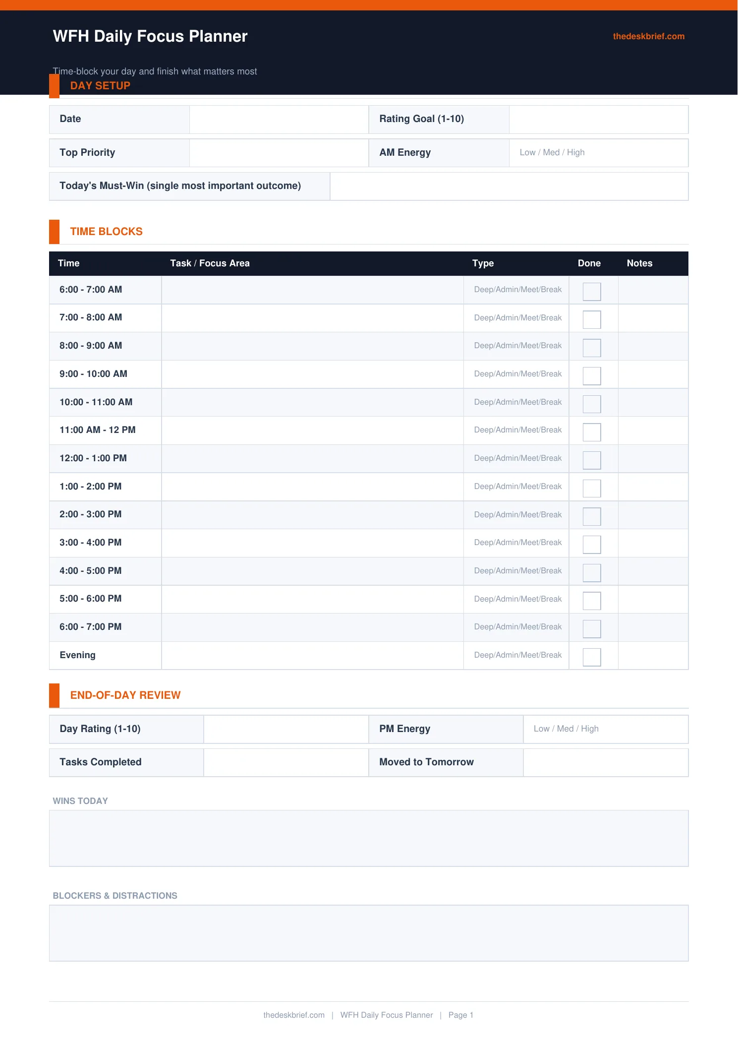 WFH Daily Focus Planner — printable template preview
