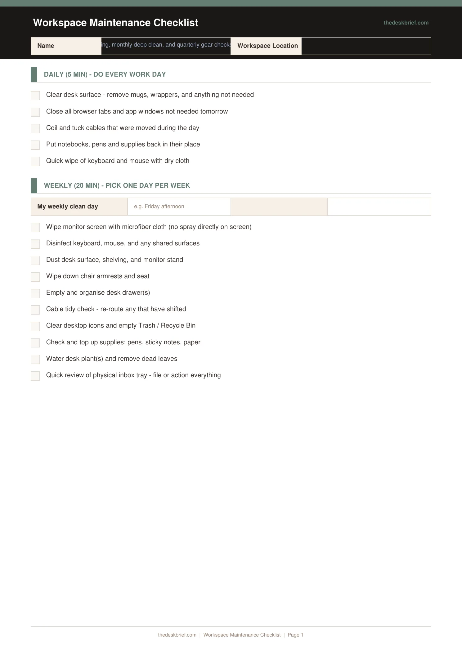 Workspace Maintenance Checklist — printable template preview