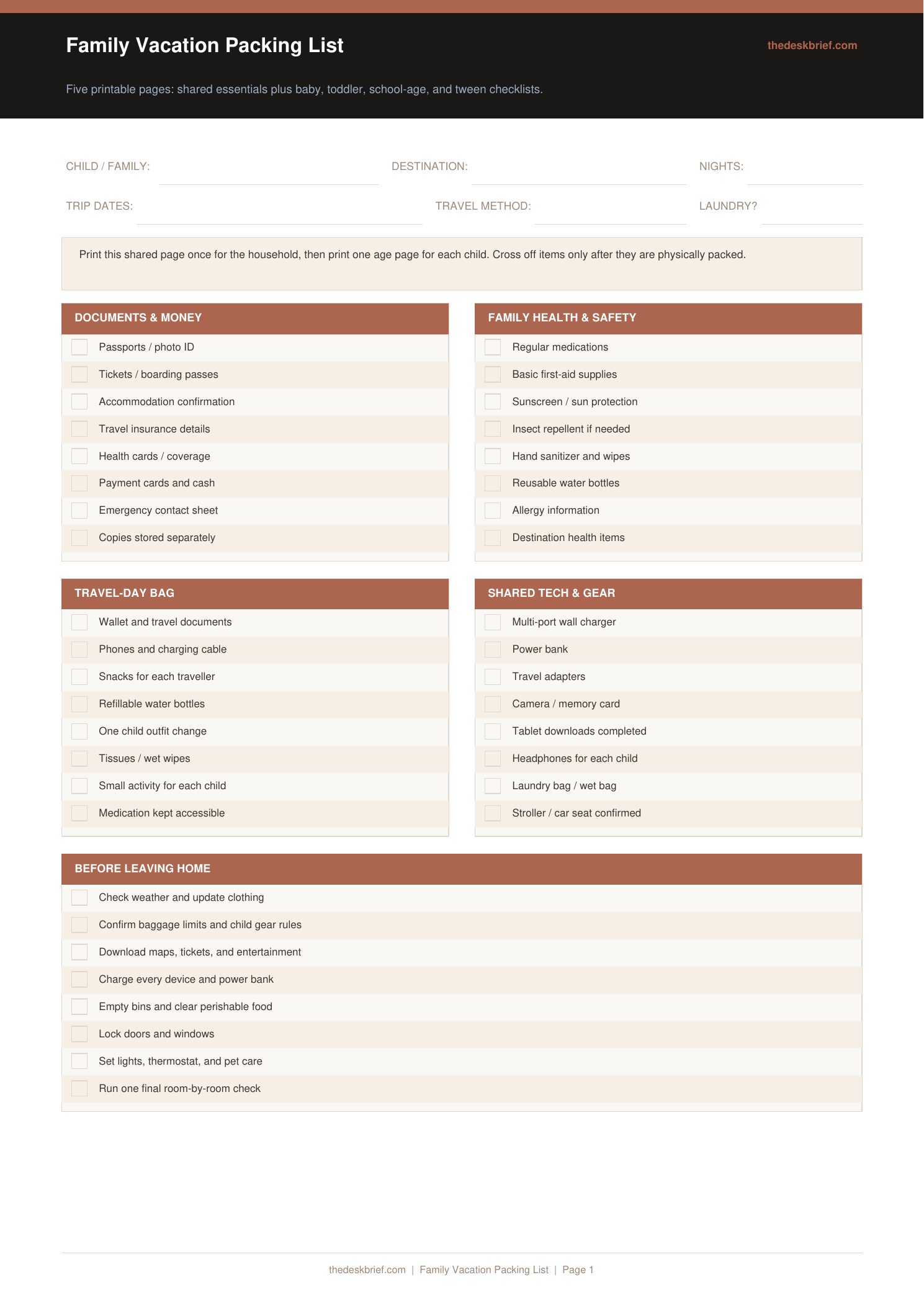 Family vacation packing list printable preview