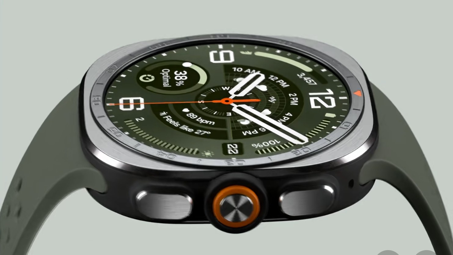 Samsung Galaxy Watch Ultra 2 titanium cushion case, orange crown and olive strap