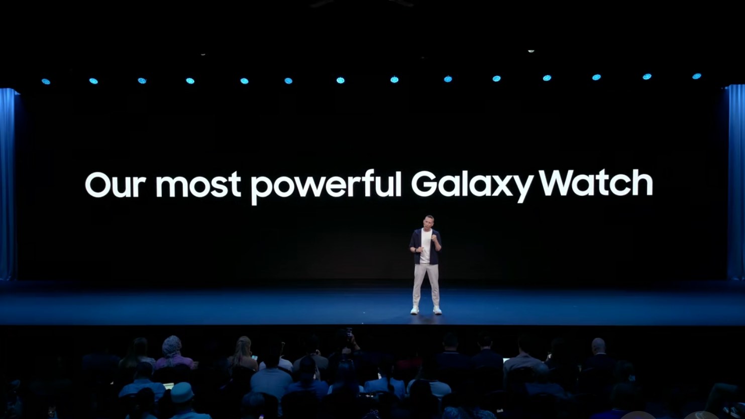 Samsung presenter beneath the words Our most powerful Galaxy Watch at the Galaxy Watch Ultra 2 launch