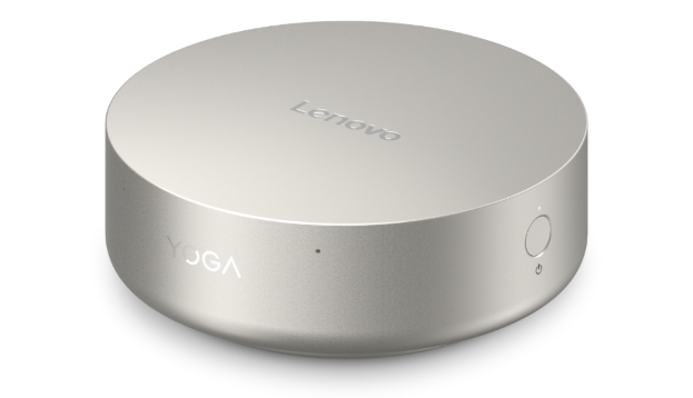 Lenovo Yoga AI Mini PC in Luna Grey, the 600 gram round aluminum chassis seen from the front