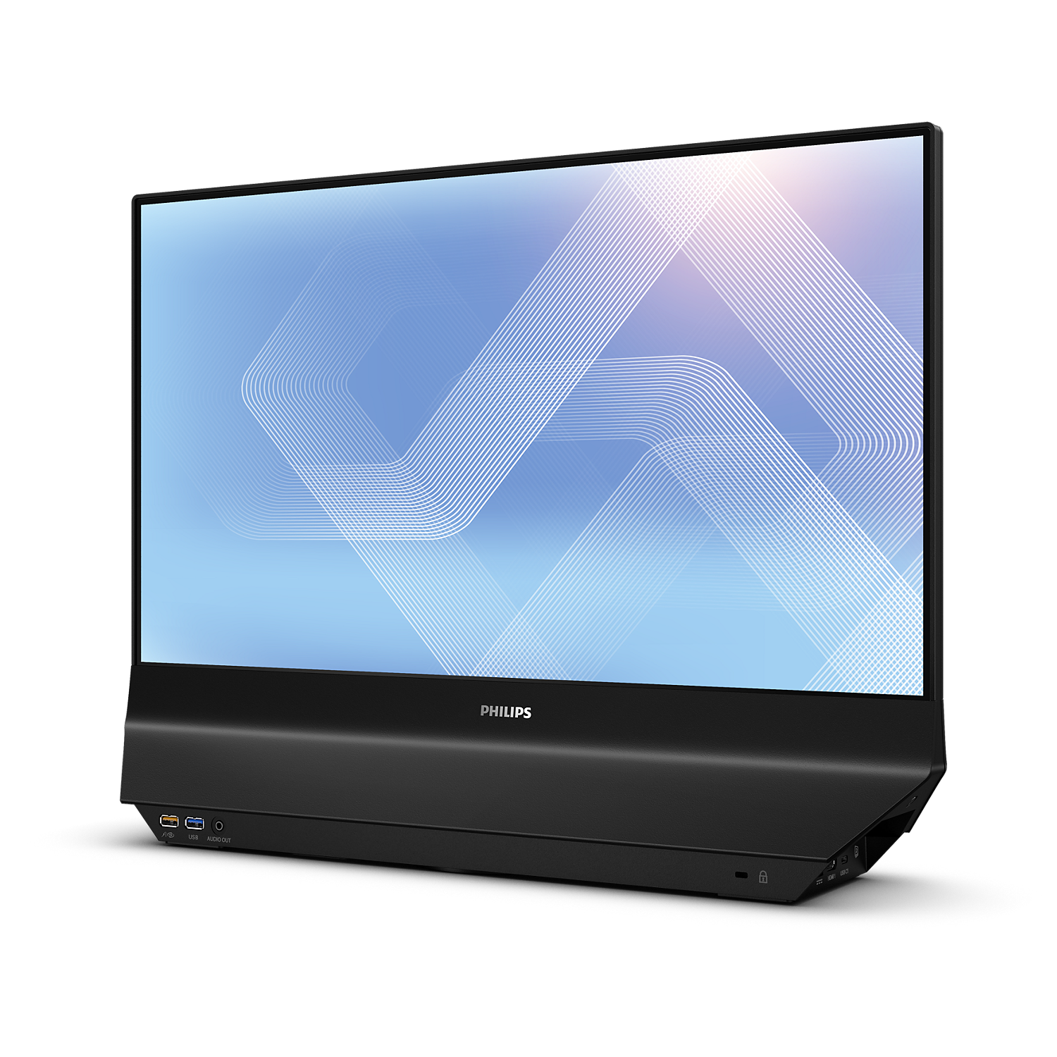 Philips 24B2D5300 dual-sided monitor shown at an angle with its wide base and front USB-C ports
