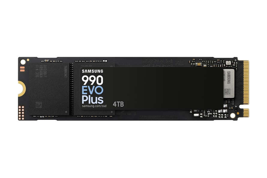 Samsung 990 series M.2 NVMe SSD on a white background, the 990 EVO Plus that sits above the new QLC drive